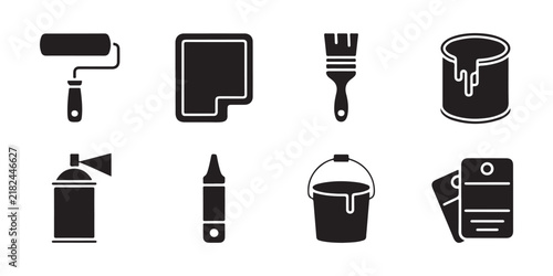 Paint tools icons collection with roller brush spray can bucket and palette on transparent ground.