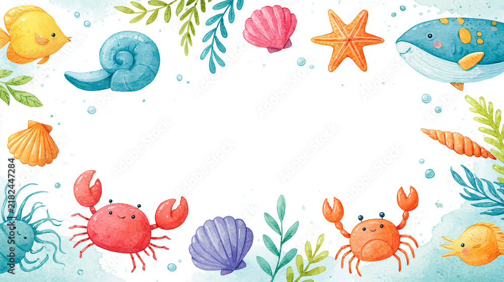 Fototapeta premium Colorful underwater scene with cheerful sea creatures and shells in a whimsical design.