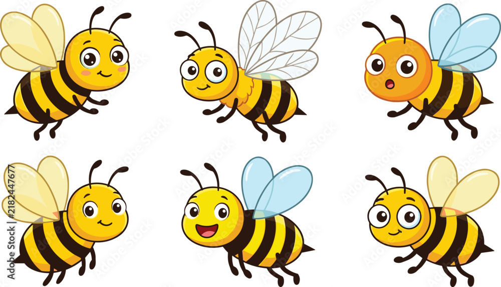 Fototapeta premium Cute Cartoon Honey Bee Vector Character Set Showing Funny Flying Insects with Various Happy Facial Expressions for Kids Nursery Graphic Designs
