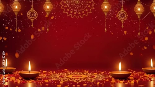 Diwali Decoration with Red Background, Oil Lamp and Floral Rangoli for Festival Warmth