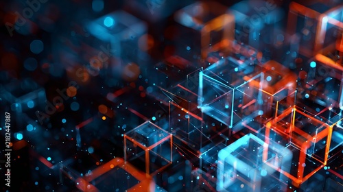 Complex digital network of glowing cubes demonstrates intricate data structures, featuring deep shadows and vibrant light highlights