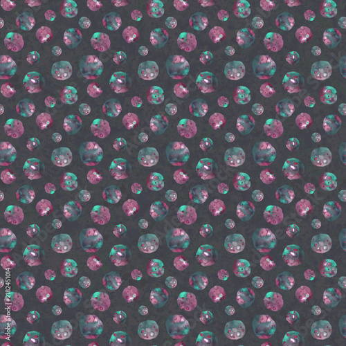 Seamless watercolor pattern with playful organic dots in dusty pink, teal and charcoal tones. Hand-painted textured circles create whimsical modern surface design for fabric, wallpaper and home decor.