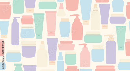 Seamless Pattern of Skincare Products, Beauty Cosmetics Bottles and Jars, Pastel Colors
