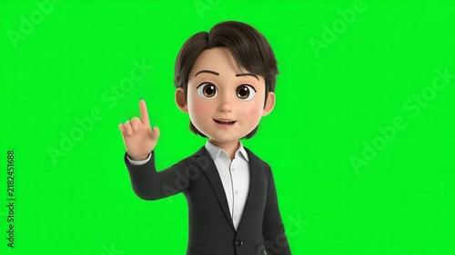 Business character pointing upward in this high quality 3d animated video footage showing a professional suit presentation motion clip style