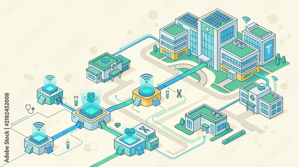 Fototapeta premium Digital Healthcare Network: Connected Hospitals and Medical Technology