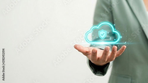 Cloud security, cybersecurity, data protection and secure cloud computing concept.