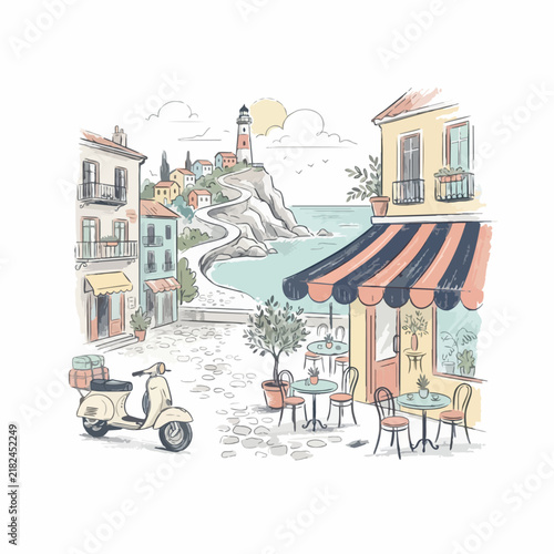 Charming coastal town street scene with cafe and scooter