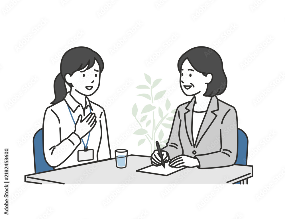 Fototapeta premium 社内相談窓口でカスハラ被害や悩みをカウンセリングする女性社員のイラスト（メンタルヘルスケア）