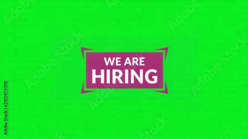 We are hiring bold white text on purple banner with green background animated motion graphic design for business recruitment video