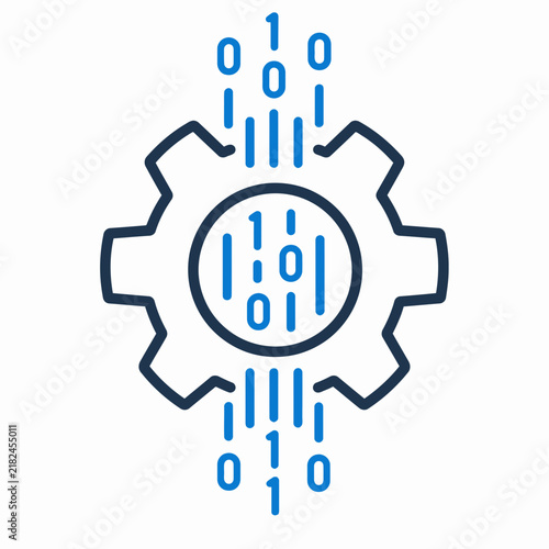 Gear icon with binary code and data processing streams