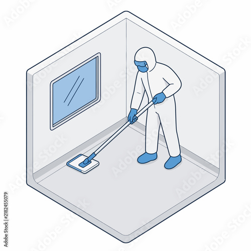 Isometric worker in protective suit cleaning sterile room
