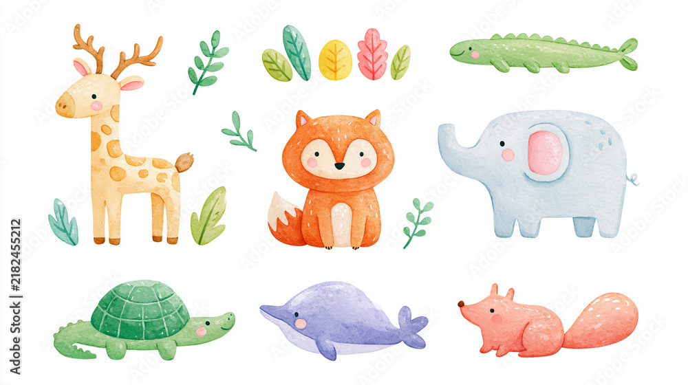 Obraz premium Colorful cartoon animals including a giraffe, fox, elephant, and more.