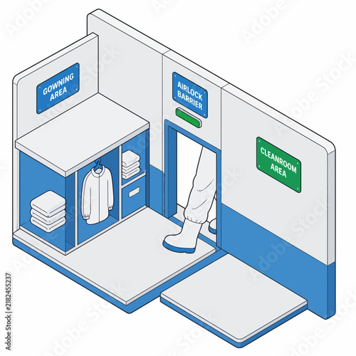 Isometric Cleanroom Gowning Area and Airlock Illustration