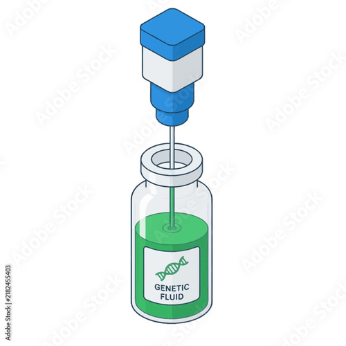 Isometric medical vial with green genetic fluid and syringe