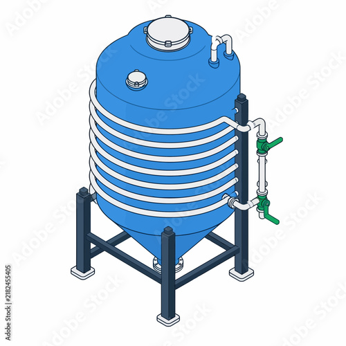 Blue Industrial Tank with Cooling Coils on Metal Stand