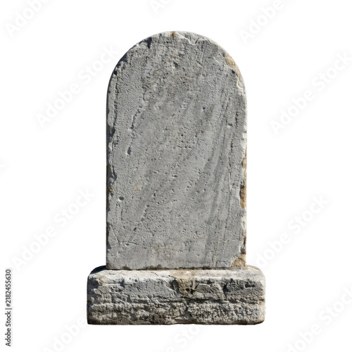 Weathered gray stone tombstone with a rounded and rectangular base for memorials or cemetery scenes isolated on a transparent background