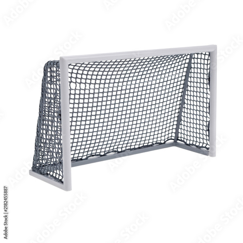White frame soccer goal with grey mesh netting for sports training and field games isolated on a transparent background