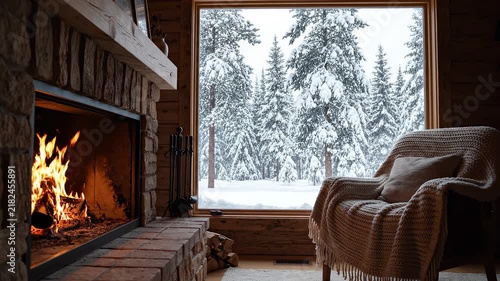 Cozy armchair by a crackling fireplace with a snowy forest view through the window cinematic atmosphere