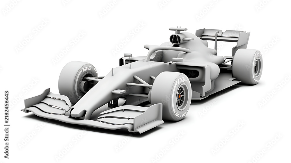 Obraz premium A 3D render of a grey formula 1 racing car, showcasing the aerodynamic bodywork and wide slick tires on white background.