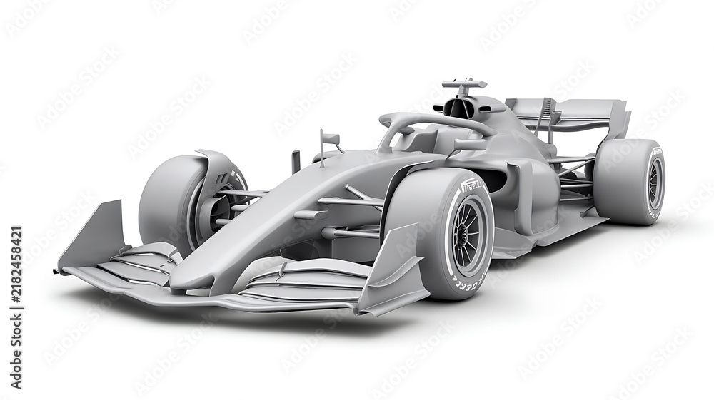 Obraz premium A detailed 3D render of a formula 1 race car in a neutral grey clay isolated on a clean white background.