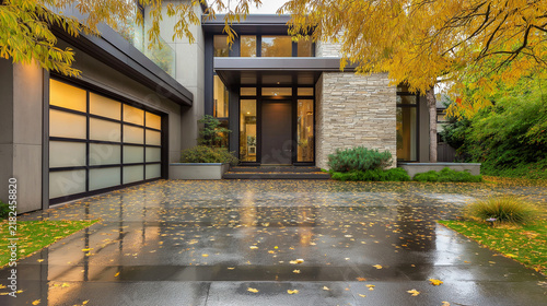 Modern luxury house exterior with contemporary frosted glass garage door, natural stone facade and wet driveway with autumn leaves at dusk
