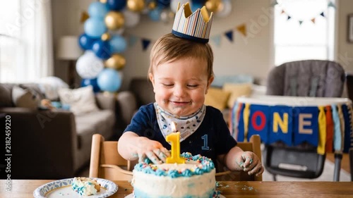 Smiling baby boy celebrating his first birthday with a cake, blue number one decorations, balloons, gifts and family gathered in a cozy home for a joyful milestone party.