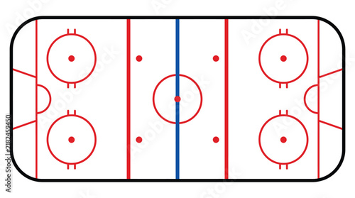 Ice hockey rink with red lines and circles on white surface for competitive play