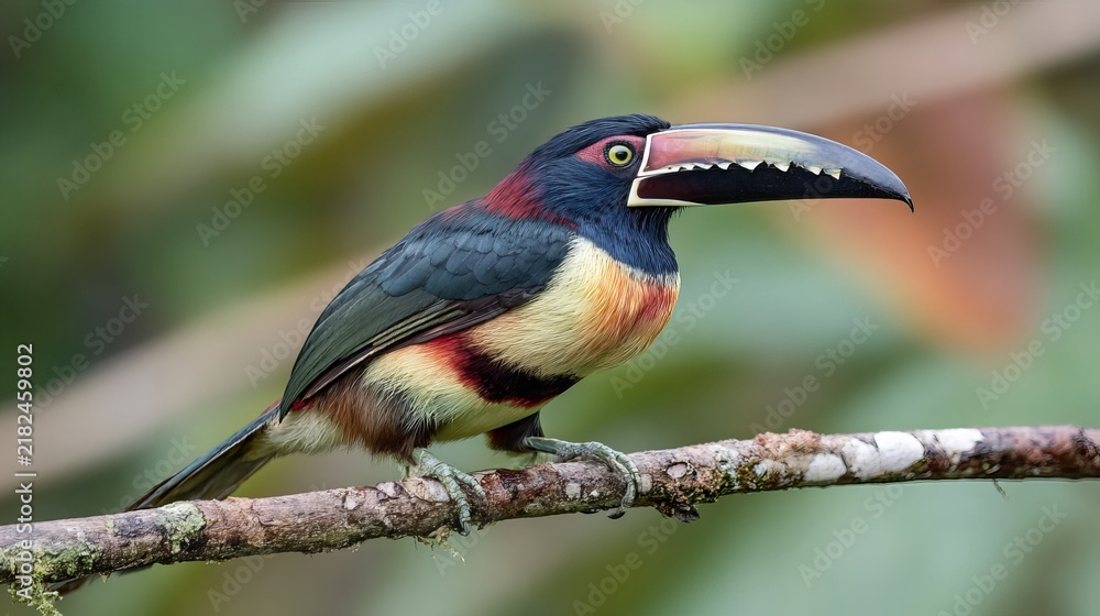 Obraz premium Colorful toucan perched on a branch, displaying vibrant plumage amidst lush tropical foliage, background representing biodiversity