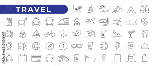 Travel line icons set with editable stroke. Related tourism related icons collection.
