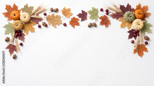 Decorative autumn border frame with colorful fallen maple leaves and small pumpkins for Thanksgiving and harvest season