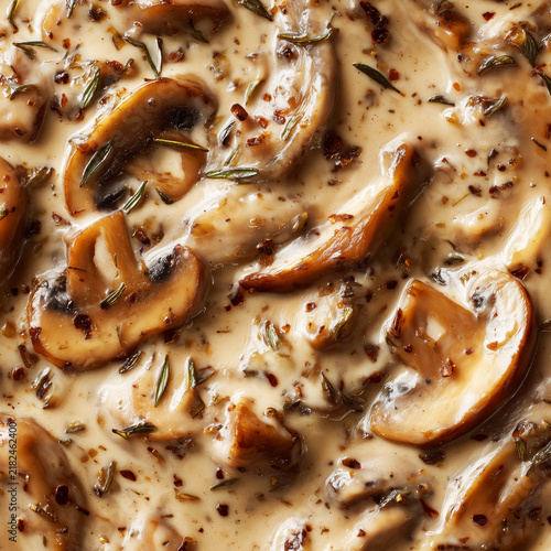 Closeup of creamy mushroom sauce on neutral background, concept of comfort cuisine