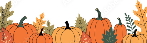 Watercolor illustration of a decorative autumn pumpkin border isolated on transparent background