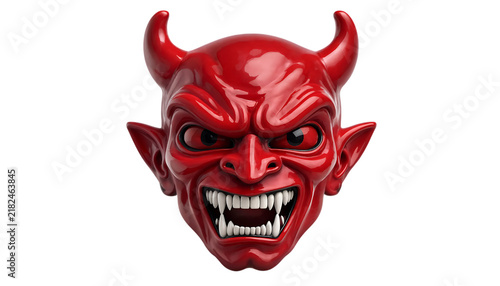 A shiny red devil mask with horns and sharp teeth isolated on white background transparent background