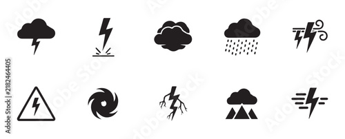 Storm warning flat vector icons collection solid black design elements for climate change concept.