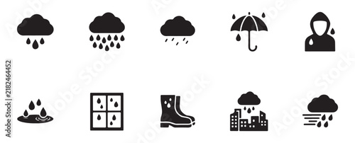 Rainy day weather line icons collection black silhouette design elements for seasonal autumn look.