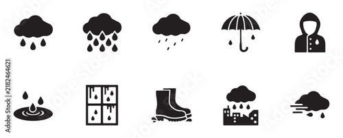 Weather icon set featuring rain cloud umbrella raincoat puddle window boots city storm black design.