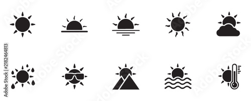 Solar energy icons collection displays various sun styles for environmental and weather applications.