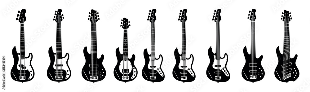 Obraz premium Collection of black bass guitar silhouettes in various shapes and styles, showcasing different models of four, five, and six string electric instruments for rock, pop, and jazz music