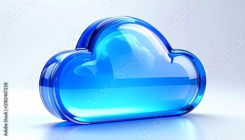 Translucent bright blue glass cloud icon with internal liquid level, resting on reflective white surface, modern 3D rendering symbolizing cloud technology, data hosting, and digital services