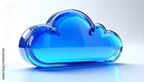 Glossy translucent blue glass cloud icon on reflective white surface, side view, symbolizing cloud computing technology, data storage, and digital connectivity in modern IT infrastructure