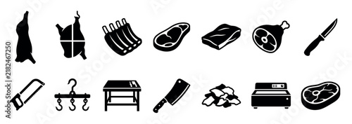 Black silhouette icons of a butcher shop including raw meat cuts like steak and ribs, a carcass, and professional tools such as a cleaver, saw, and hooks for graphic design
