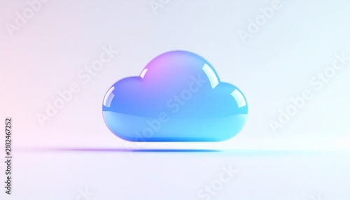 Iridescent purple and blue glass cloud icon glowing on a soft pink and pastel purple gradient backdrop with dreamy neon light reflections, futuristic 3D render for tech concept