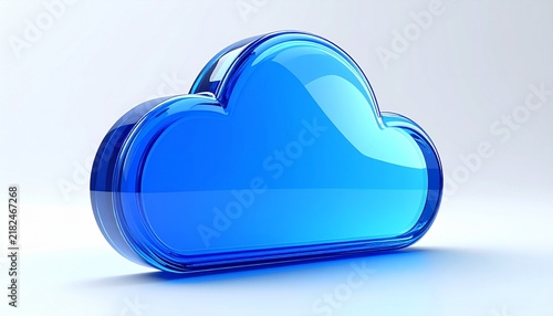 Deep blue glossy translucent glass cloud figurine placed on a pale blue studio backdrop with soft shadows and highlights, premium 3D render for tech and cloud service branding