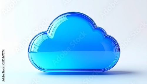 Bright cyan translucent glass cloud shape resting on a soft blue pastel surface with gentle reflection, sleek modern 3D illustration symbol for cloud computing and digital storage