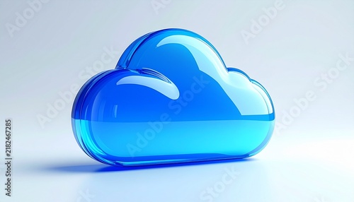 Glossy translucent blue glass cloud icon floating on a soft pastel gradient background, modern 3D render with subtle reflection, perfect for cloud computing and technology concept