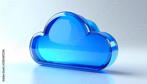 Large glossy translucent blue glass cloud shape resting on a clean white surface with soft studio lighting and subtle shadow, representing cloud computing, data storage, and digital technology concept