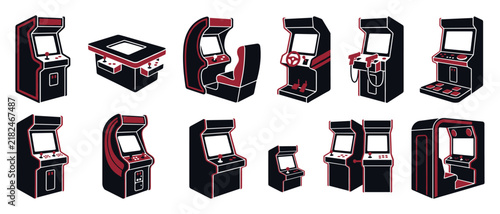 Collection of retro arcade game machines in a stylized black and red graphic illustration, showcasing diverse cabinet types like upright, cocktail, racing, and shooter games