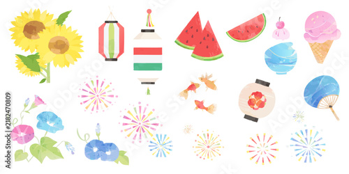 Watercolor illustration of summer festival elements including sunflowers and goldfish