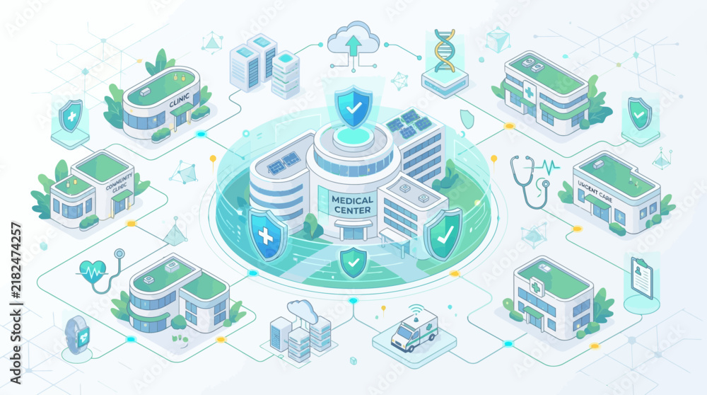 Fototapeta premium Connected Healthcare Network: Medical Centers, Hospitals, Clinics, and Data