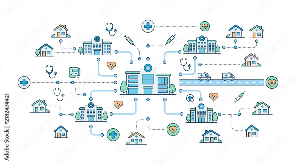 Fototapeta premium Healthcare network illustration: hospitals, clinics, homes, and medical symbols